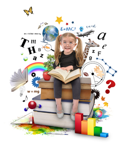  A picture of a child sat on books surrounded by learning objects
