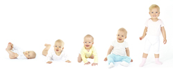 A picture of babies and toddlers steadily growing in age lined up in a row