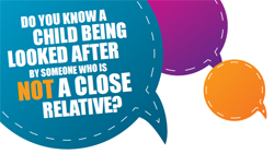 A picture of the private fostering logo which is a speech bubble with Do you know a child being looked after someone who is not a close relative?