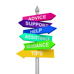 Signpost with supporting words on it; advice, support, help, assistance, guidance, tips