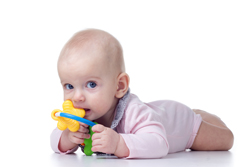 A picture of a Baby chewing on a teething toy